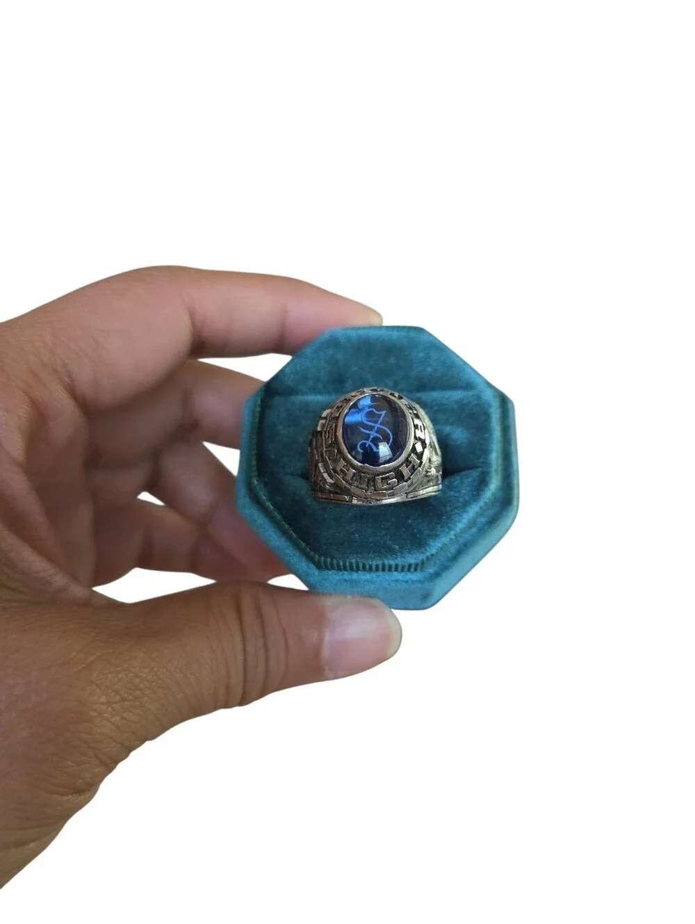 Vtg Size 9 1983 Stainless Steel Blue Stone Signet Ring Sumter High Wrestling
